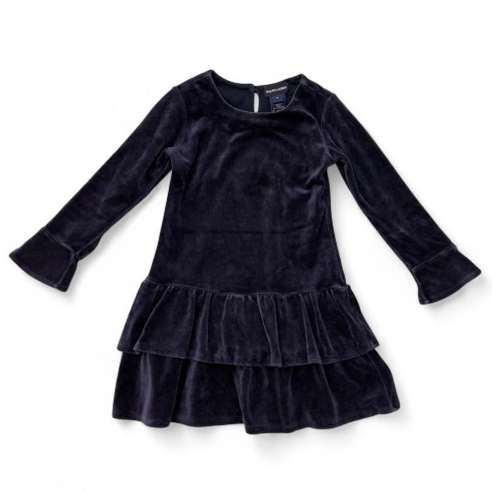 Ralph Lauren Girls Size 4 Navy Blue Velour Tiered Ruffle Long Sleeve Dress